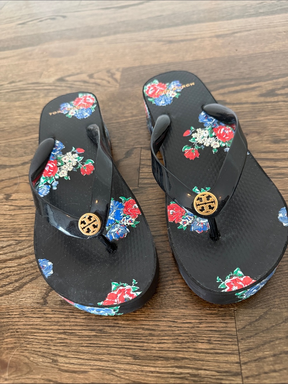 Tory Burch Black Floral Logo Thong Sandals